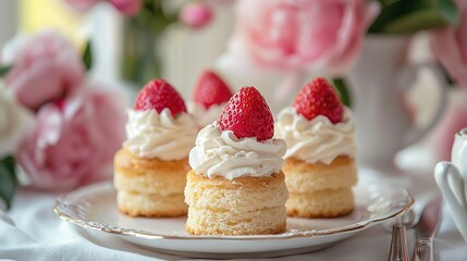   A white plate holds three cupcakes, each covered in frosting and crowned with a strawberry It rests atop a table