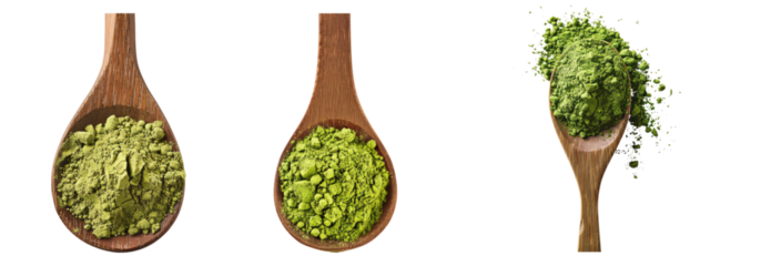 Matcha Green tea powder on wooden spoon isolated on transparent background