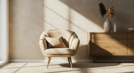 Armchair in modern interior design with stylish furniture and natural light