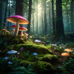 Fototapeta premium An enchanted forest with mystical creatures like fairies and unicorns, surrounded by glowing mushrooms and magical plants. 