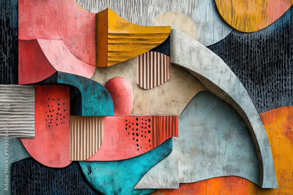Poster a cubism-inspired banner blending art and innovation with layered textures and distorted forms for a
