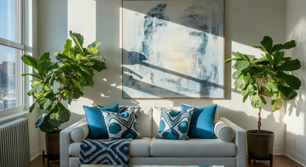 Sofa in stylish living room with vibrant plants and modern art decor for interior design inspiration