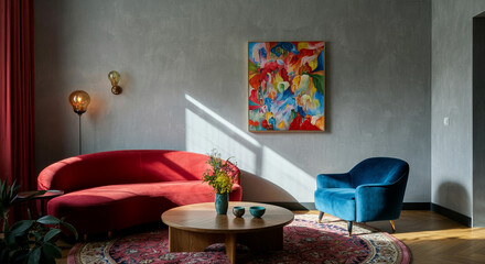Living room with modern decor and vibrant interior design featuring colorful artwork and stylish furniture