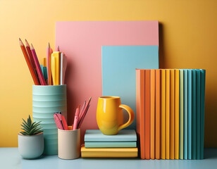 Colorful stationery on minimalist background