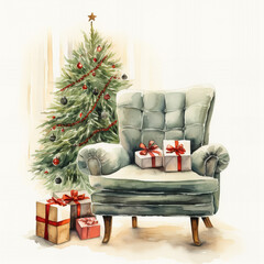 Watercolor Christmas Illustration: Toys and Gifts for Christmas,  A charming watercolor illustration featuring a variety of Christmas toys and beautifully wrapped gifts. 