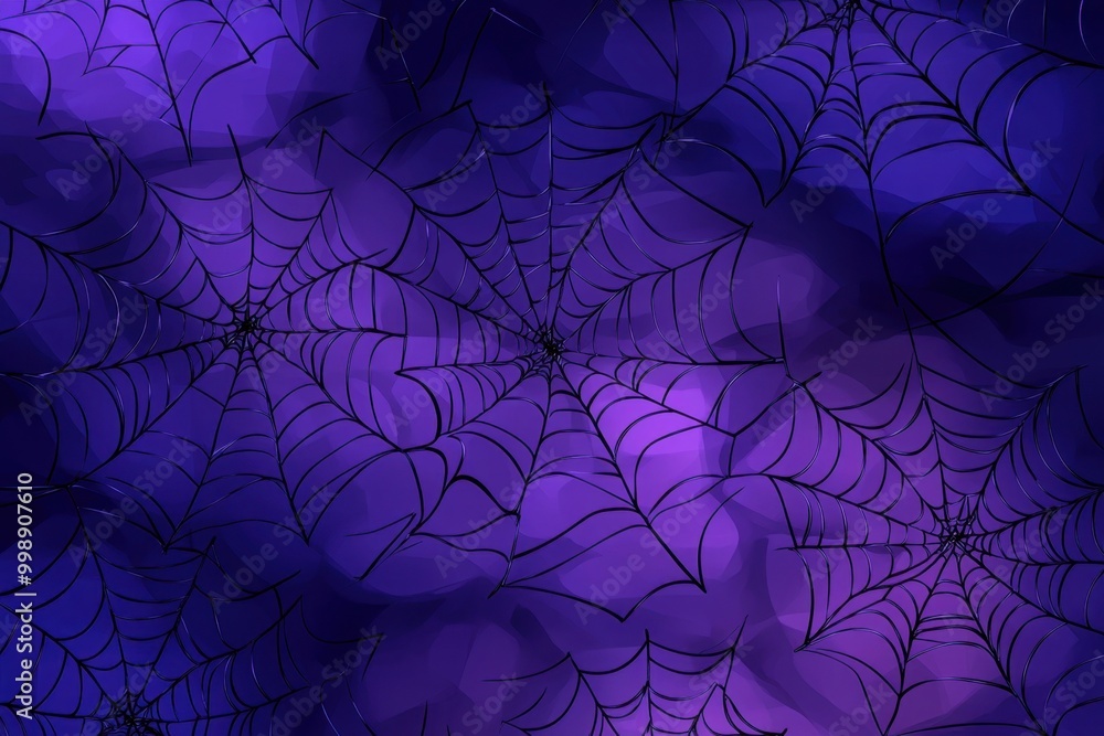 Wall mural purple background with spider webs halloween design, flat vector illustration of cobwebs on a dark b