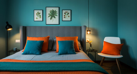 Modern bedroom with cozy interior design featuring colorful accents and artistic decor
