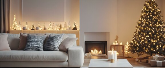 Light modern living room with Christmas decor. New year decorations. AI generated