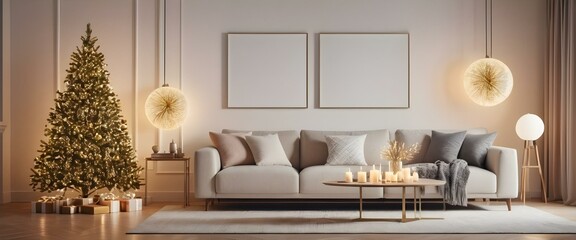Light modern living room with Christmas decor. New year decorations. AI generated