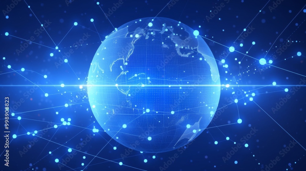 Poster a blue background featuring a white globe connected by lines and dots, representing global network t