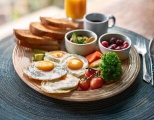 Savory breakfast options with depth of field featuring eggs, vegetables, and wholesome flavors