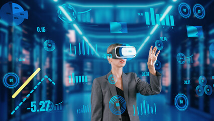 Woman searching dynamic data using hand sliding graph analysis by VR of future global innovation interface digital infographic network technology virtual hologram animation building view. Contraption.