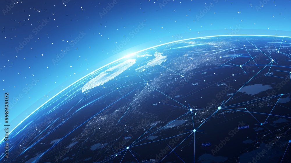 Poster a blue background featuring a white globe connected by lines and dots, representing global network t