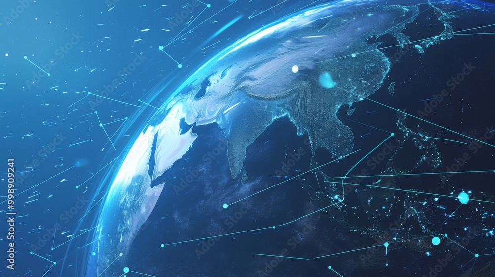 Poster a blue background featuring a white globe connected by lines and dots, representing global network t