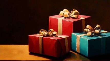 Obraz premium Colorful wrapped gifts sitting on a wooden table with a dark background in festive arrangement