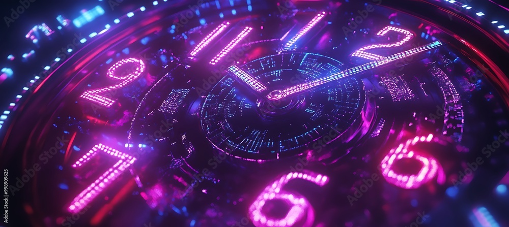 Poster a holographic digital clock with animated numbers and time zones