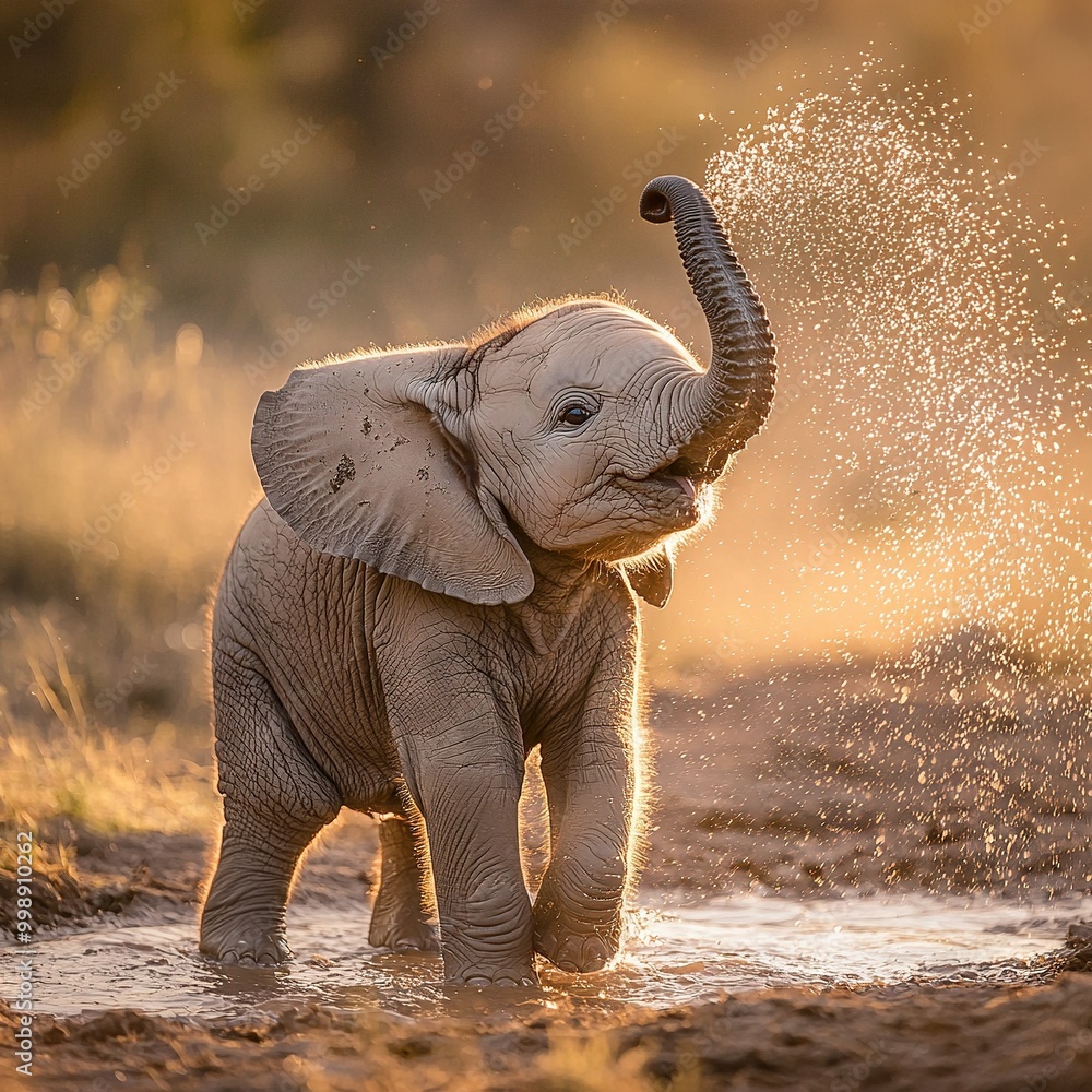 Sticker   A baby elephant stands in a puddle, with its trunk raised high