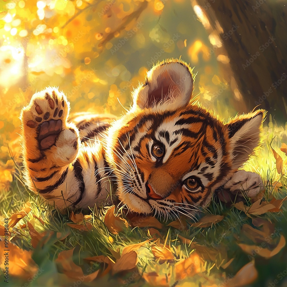 Canvas Prints  Tiger resting in tall grass, surrounded by trees and falling leaves