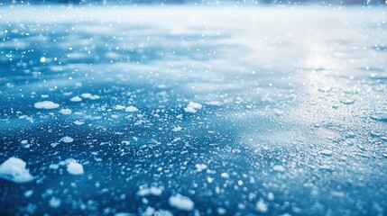 A smooth, icy lake surface featuring small imperfections, bubbles trapped beneath, and a light dusting of snow on top, creating a wintery texture.