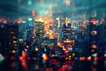 Obraz premium A cityscape with a lot of lights and a blurry background, generative ai image