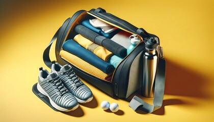 Gym bag with sports equipment on yellow background