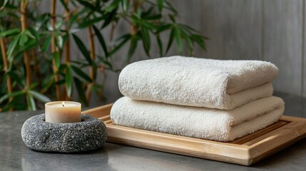   A white towel stack sits atop a wooden tray beside a candle on a tabletop