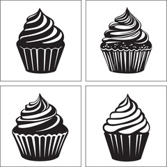 A black and white cup cake silhouette design