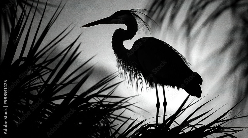 Sticker   A monochrome image depicts a bird perched on a palm tree against a backdrop of the moon in the sky