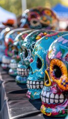 Vibrant Dia de los Muertos Sugar Skulls at Market - Colorful Festive Decorations for Halloween Celebrations