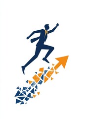 A person dressed as a businessperson climbing up    an upward arrow，blue and orange colors 