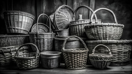 Dramatic black and white photograph of rustic wicker baskets, highlighting their intricate textures and shapes