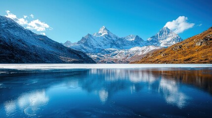 Fototapeta premium A stunning frozen mountain lake, surrounded by snow-capped peaks under a clear blue sky, creating a breathtaking winter landscape
