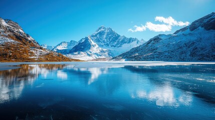 Fototapeta premium A stunning frozen mountain lake, surrounded by snow-capped peaks under a clear blue sky, creating a breathtaking winter landscape
