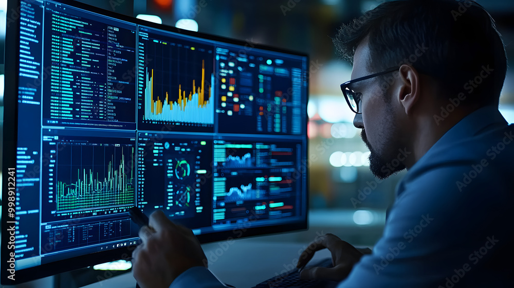 Poster analyst uses computer and dashboard for data business analysis and data management system with kpi a