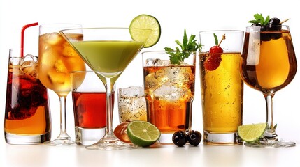   A glass array with various beverages and adorned with lime, strawberry, cherry, and lime garnishes