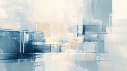 Abstract painting with blue, white, and beige brushstrokes