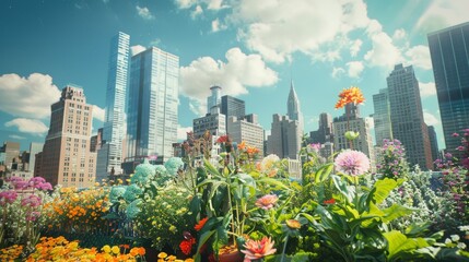 A vibrant rooftop garden in a cityscape, filled with colorful flowers under a clear blue sky.