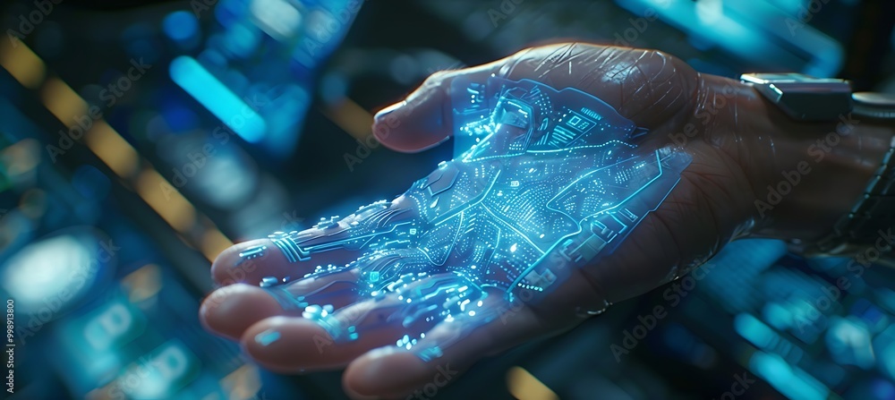 Poster a futuristic ai holographic hand mending a computer, seamlessly repairing and restoring broken data 