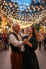 Obraz premium A couple in traditional Bavarian attire dancing together at an Oktoberfest celebration, surrounded by a crowd