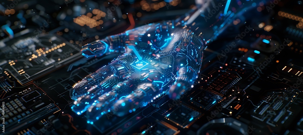 Poster a futuristic ai holographic hand mending a computer, seamlessly repairing and restoring broken data 