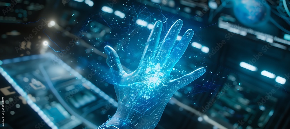 Poster a futuristic ai holographic hand mending a computer, seamlessly repairing and restoring broken data 