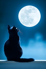 A mysterious black cat sitting on a fence under a full moon, glowing eyes, banner with copy space