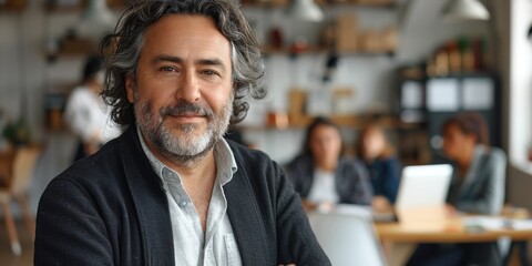 Obraz premium Confident middle-aged man with gray hair and beard smiling in a modern office environment, surrounded by colleagues in the background