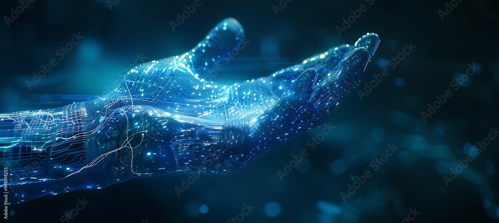 Poster a digital holographic hand of ai restoring a computer’s integrity, healing and repairing broken data