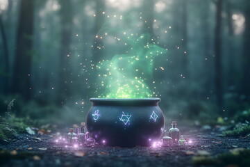 A spooky witch's cauldron bubbling over in a dark forest clearing, surrounded by magical glowing symbols and potion bottle