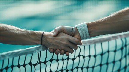 Two hands shake over a tennis net, embodying the spirit of sportsmanship and mutual respect between opponents.