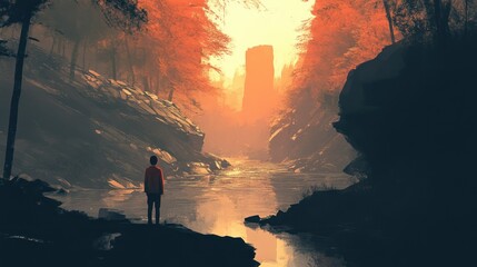 Fototapeta premium A lone figure stands on the edge of a canyon overlooking a misty river with a towering rock formation in the distance.