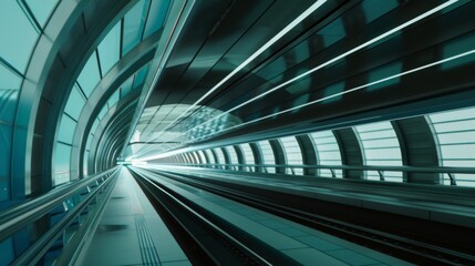 Fototapeta premium A futuristic tunnel, illuminated in shades of blue, stretches into the distance with sleek lines and dynamic light streaks, creating a sense of high-speed travel.