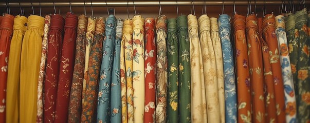 A vibrant collection of vintage floral-patterned skirts in various colors hanging neatly on a clothing rack, showcasing an array of fashion and textile designs