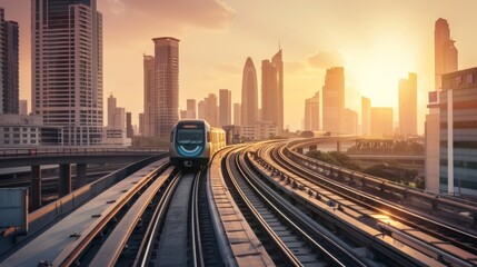 An urban transit scene at sunrise, featuring a modern train on an elevated track surrounded by towering skyscrapers, showcasing the harmony of technology and nature.